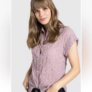 new Bella Dahl Shirred Cap Sleeve Blouse Striped Purple and White Top